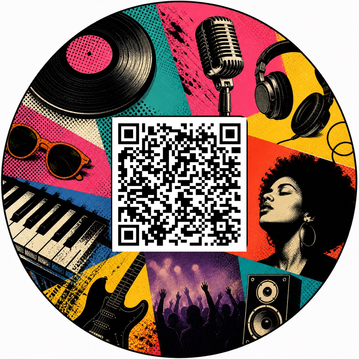 Renkli pop-art kolajı: vinyl, mikrofon, kulaklık, gitar — kitabın çalma listesinin kapağı.
