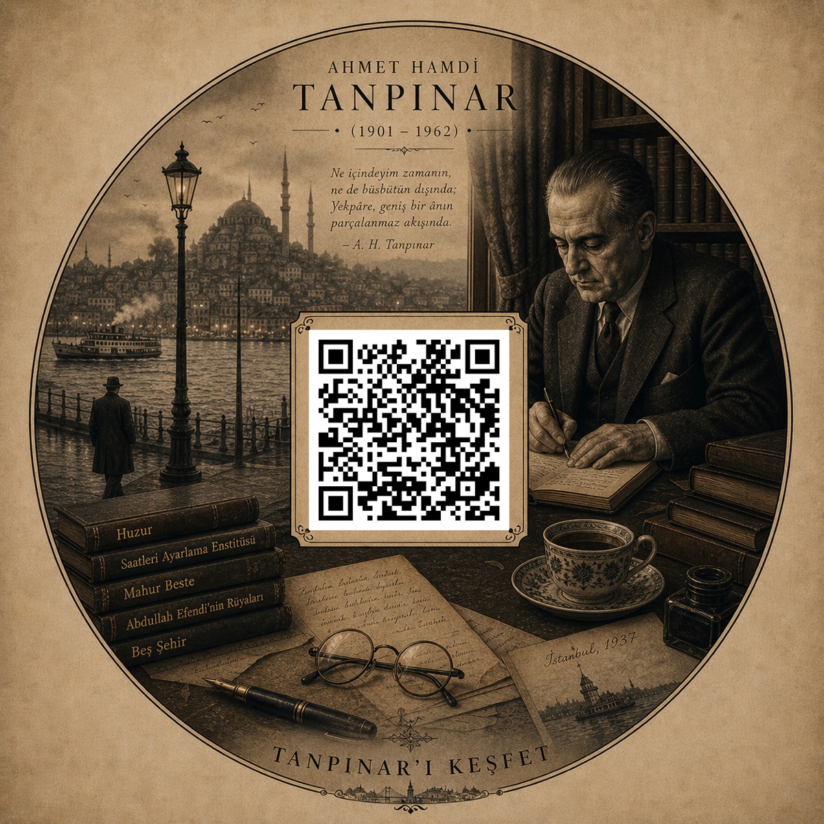 Ahmet Hamdi Tanpınar masasında yazarken, etrafında kitapları, fincanı ve 1937 İstanbul siluetinden bir manzara.