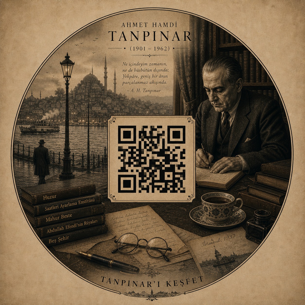 Ahmet Hamdi Tanpınar masasında, etrafında kitapları ve 1937 İstanbul'u.