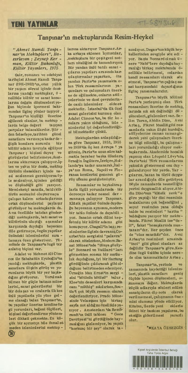 tanpınarın mektuplarında resim ve heykel